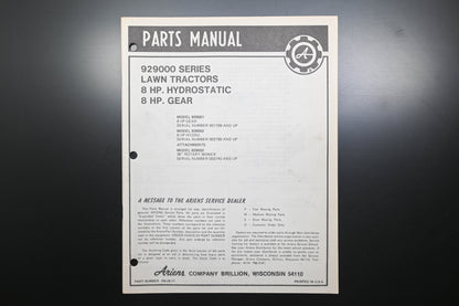 Ariens PM-29-77 929000 Series 8 HP Lawn Tractor Parts Manual