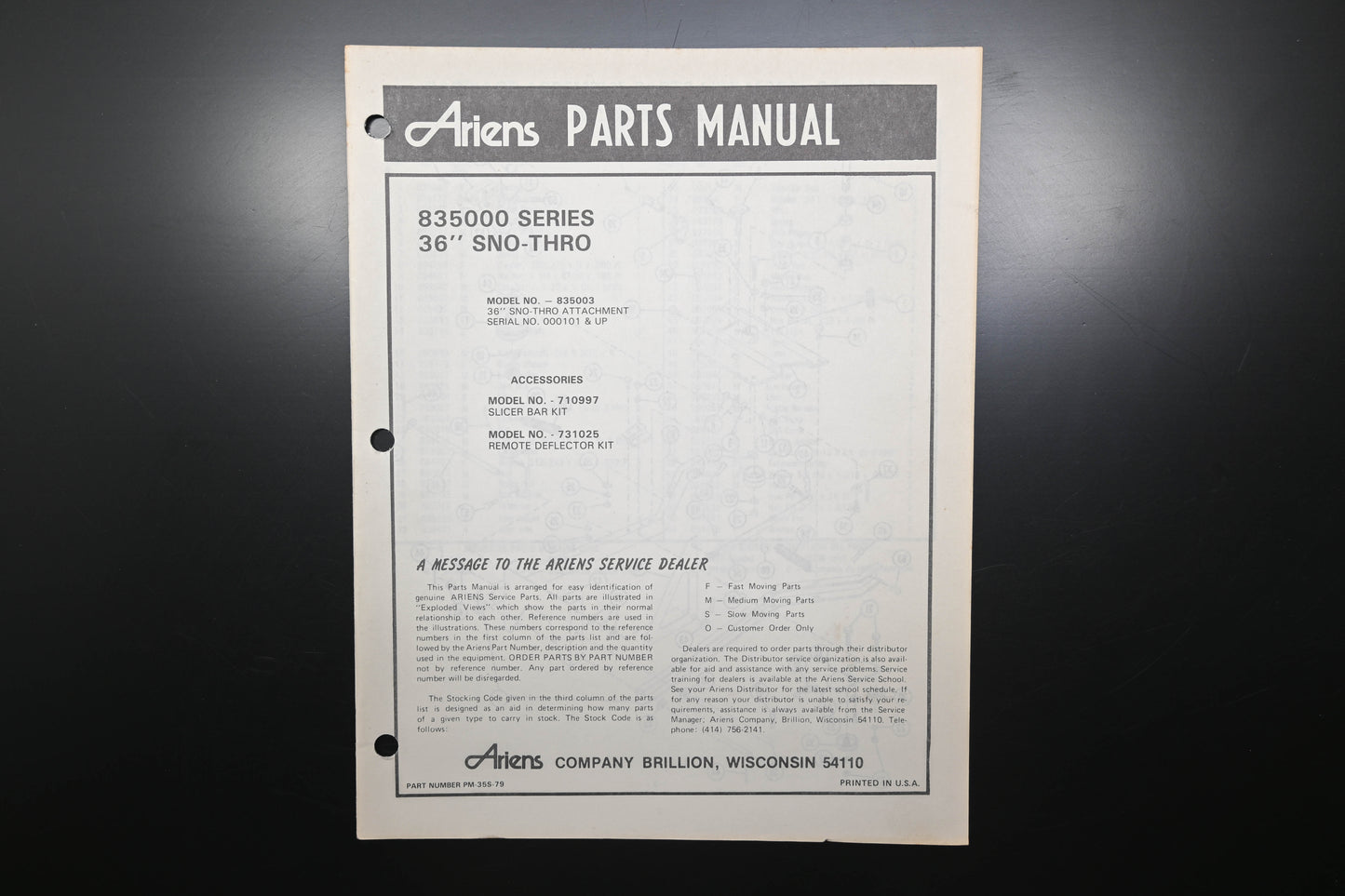 Ariens PM-35S-79 835000 Series 36" Sno-Thro Parts Manual