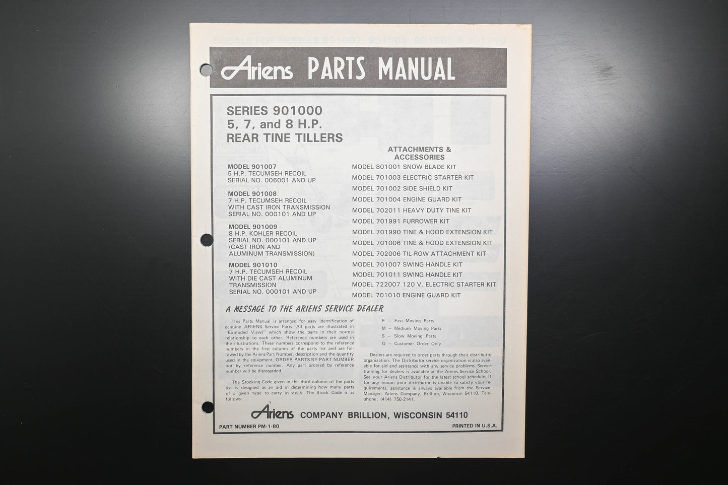 Ariens PM-1-80 901000 Series Rear Tine Tillers Parts Manual