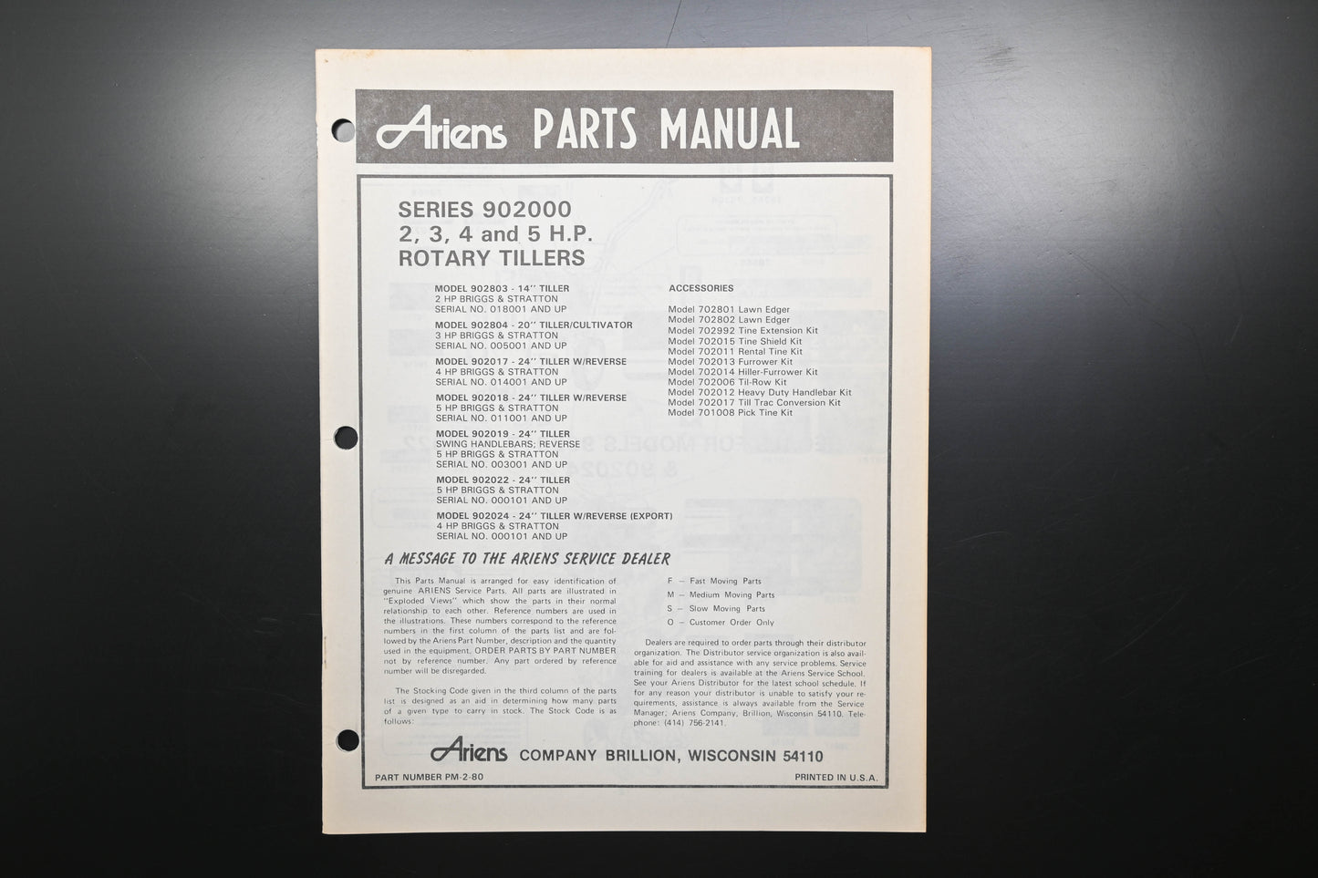 Ariens PM-2-80 902000 2-5 HP Rotary Tillers Parts Manual