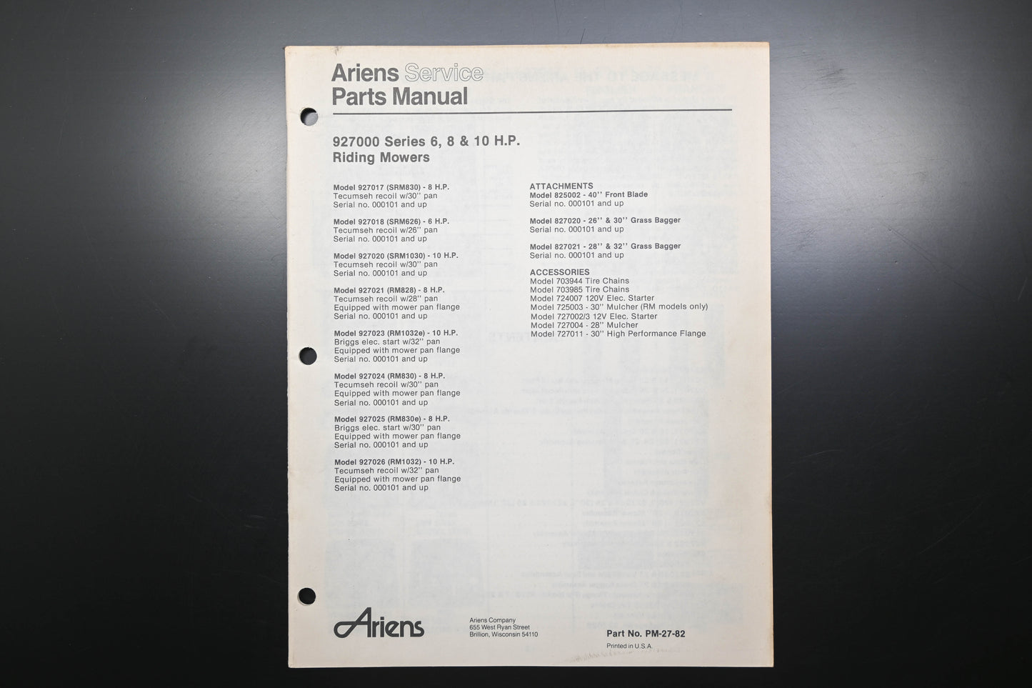 Ariens PM-27-82 927000 Series Riding Mowers Parts Manual