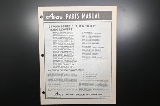 Ariens PM-27-80 927000 Series Riding Mowers Parts Manual