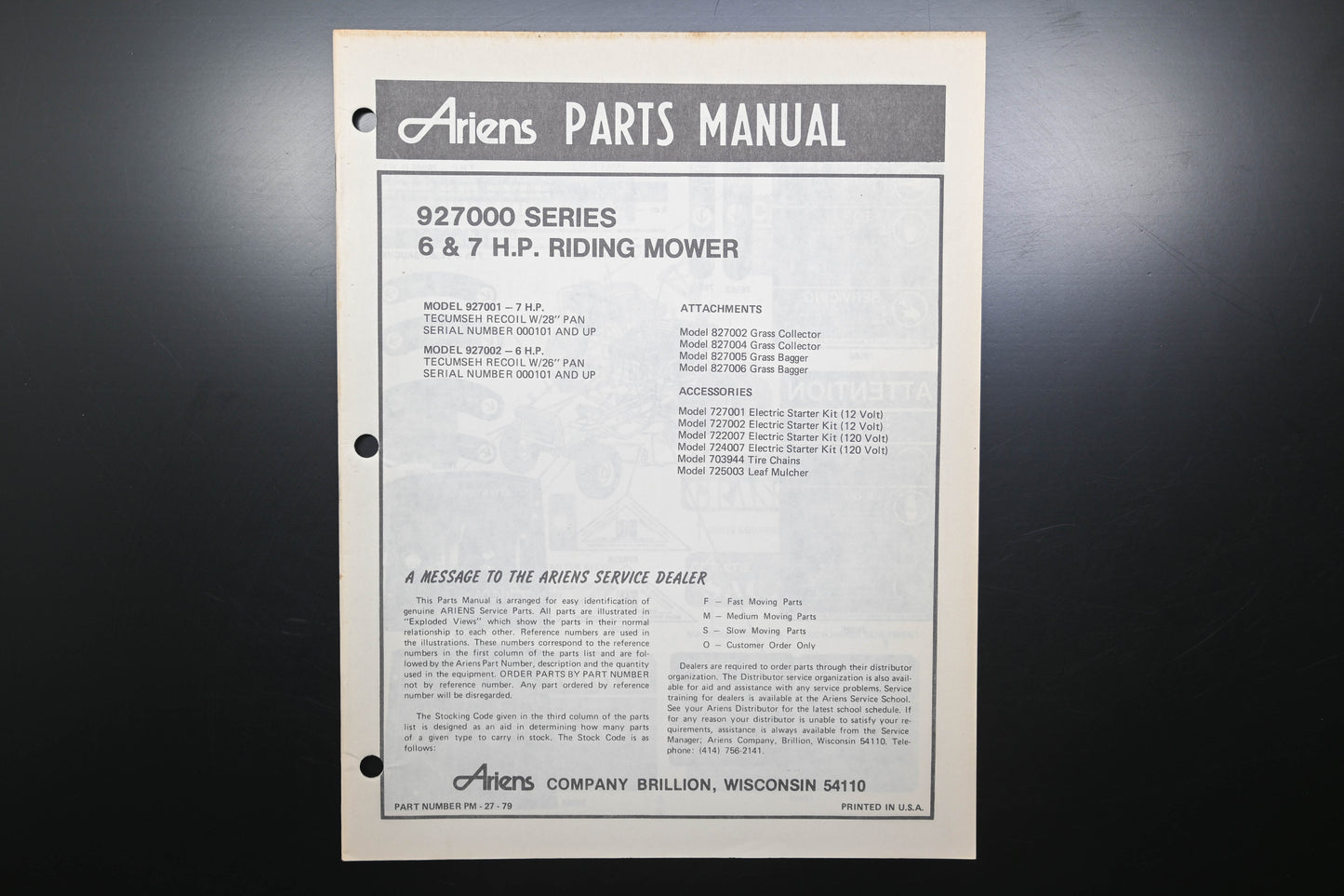Ariens PM-27-79 927000 Series Riding Mowers Parts Manual