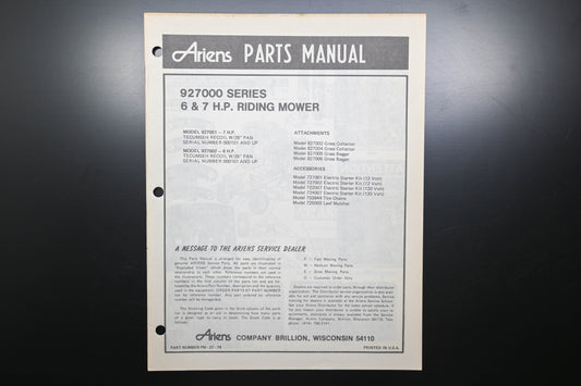 Ariens PM-27-79 927000 Series Riding Mowers Parts Manual