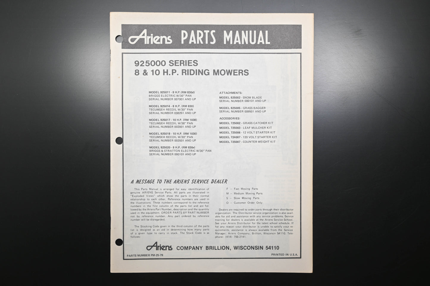 Ariens PM-25-79 925000 Series Riding Mowers Parts Manual