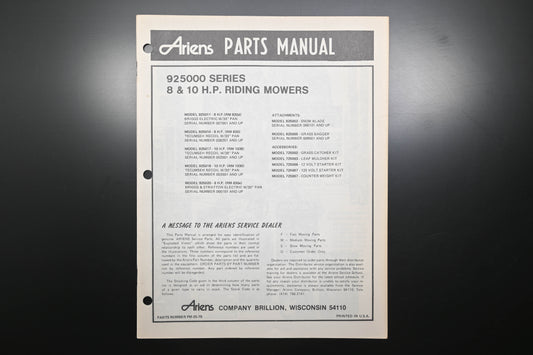 Ariens PM-25-79 925000 Series Riding Mowers Parts Manual