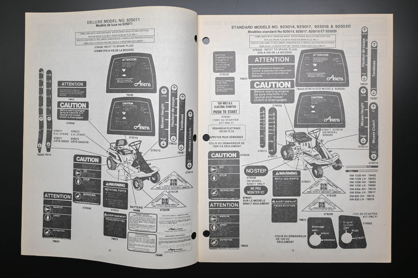 Ariens PM-25-79 925000 Series Riding Mowers Parts Manual