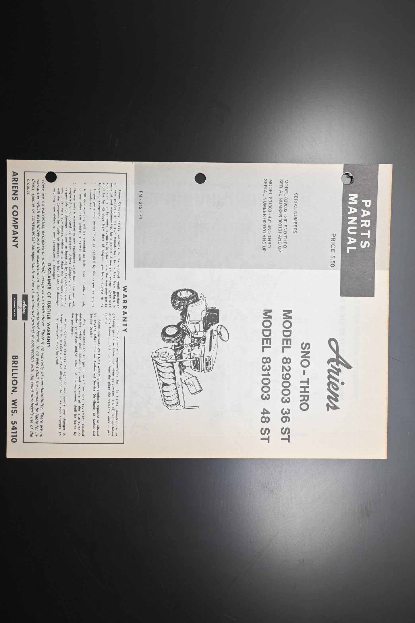 Ariens PM-31S-74 829003 36ST 831003 48St Sno-Thro Parts Manual