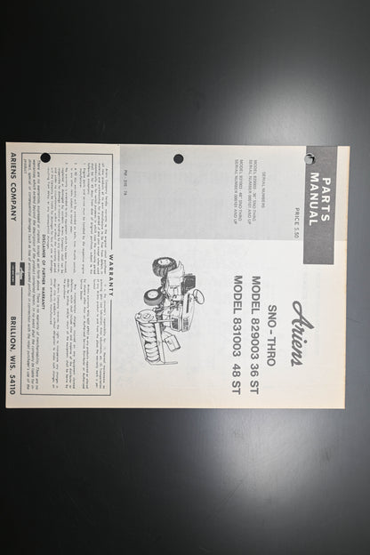 Ariens PM-31S-74 829003 36ST 831003 48St Sno-Thro Parts Manual
