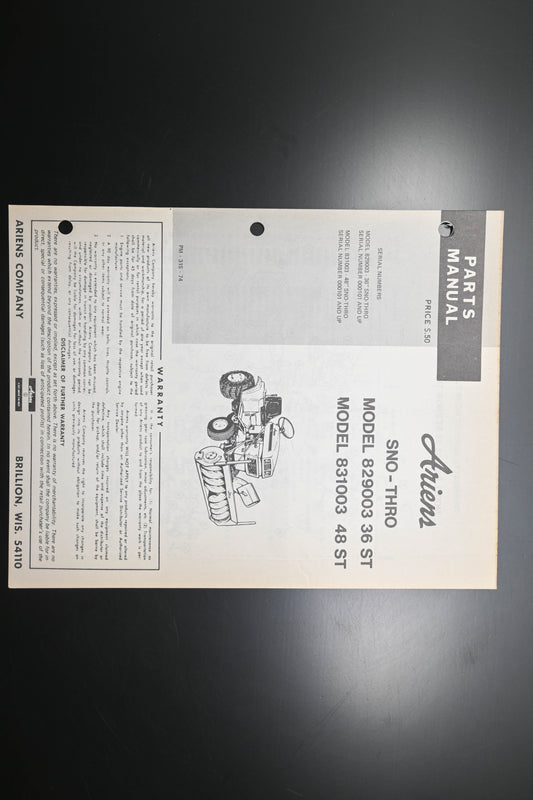 Ariens PM-31S-74 829003 36ST 831003 48St Sno-Thro Parts Manual