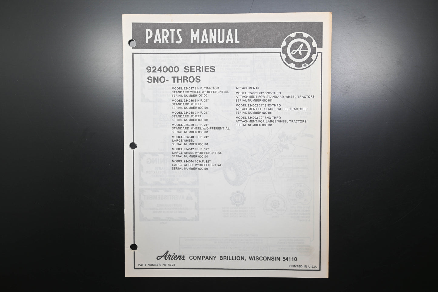 Ariens PM-24-78 924000 Series Sno-Thros Parts Manual