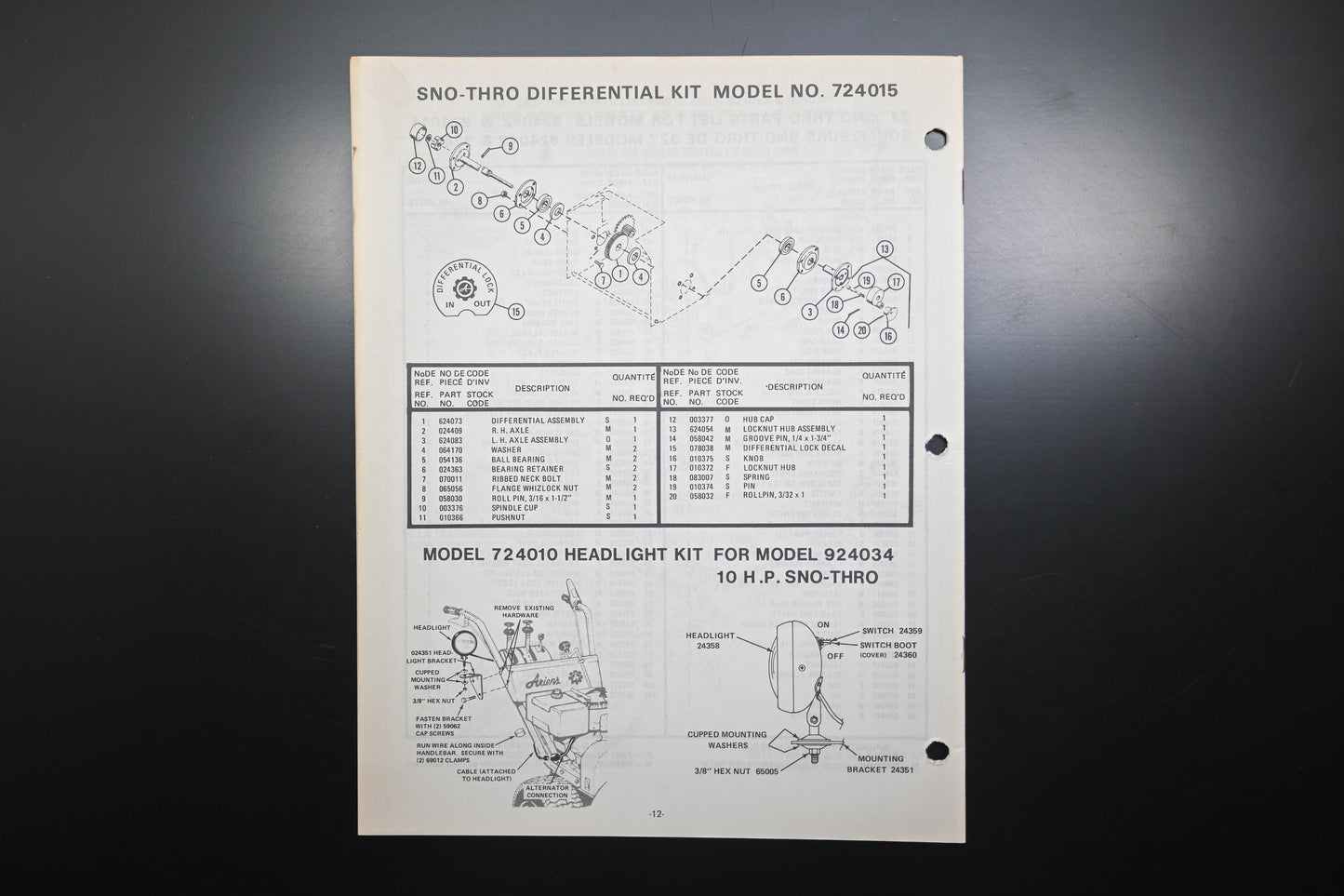 Ariens PM-24-78 924000 Series Sno-Thros Parts Manual