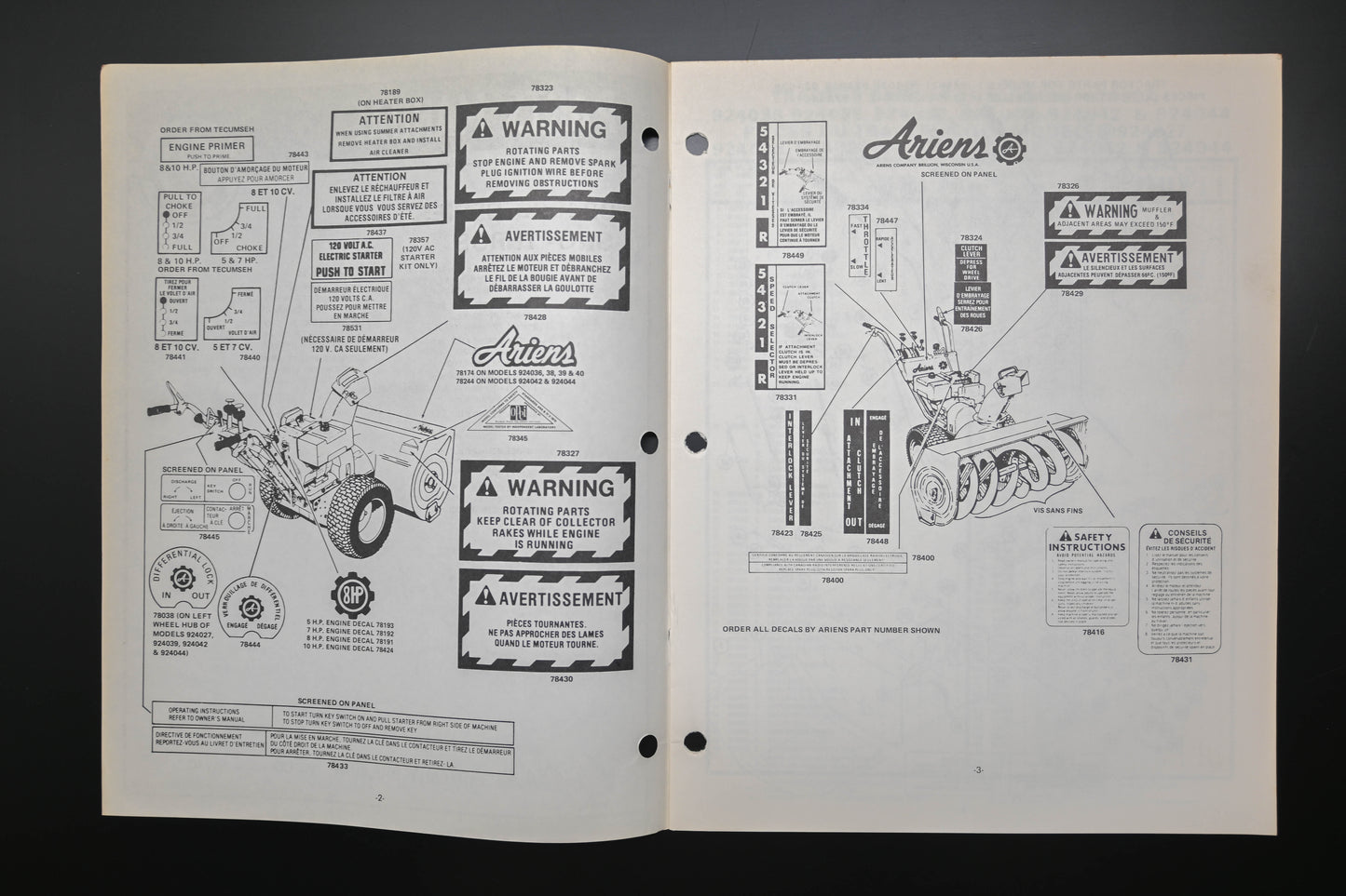 Ariens PM-24-78 924000 Series Sno-Thros Parts Manual