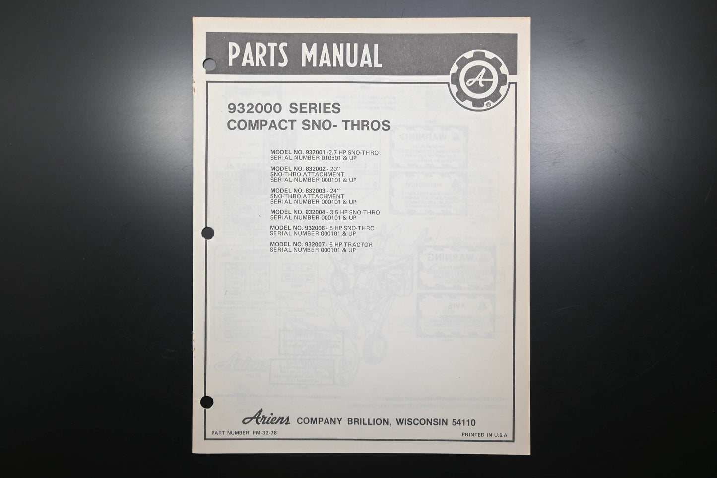 Ariens PM-32-78 932000 Series Compact Sno-Thros Parts Manual