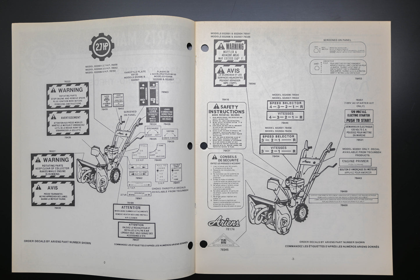 Ariens PM-32-78 932000 Series Compact Sno-Thros Parts Manual