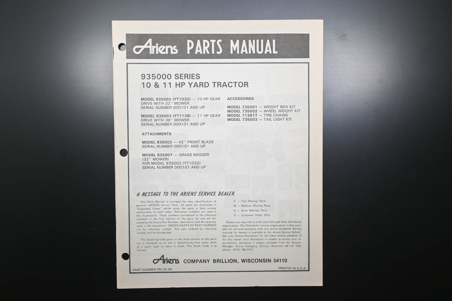 Ariens PM-35-80 935000 Series Yard Tractor Parts Manual