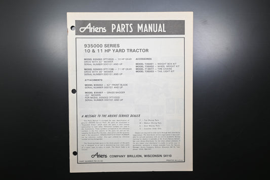 Ariens PM-35-80 935000 Series Yard Tractor Parts Manual