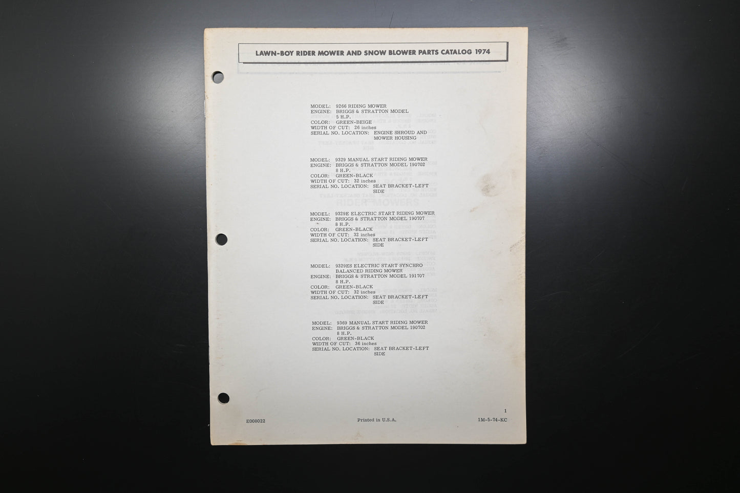 Lawn-Boy E008022 74 Rider Mower & Snow Blower Parts Catalog