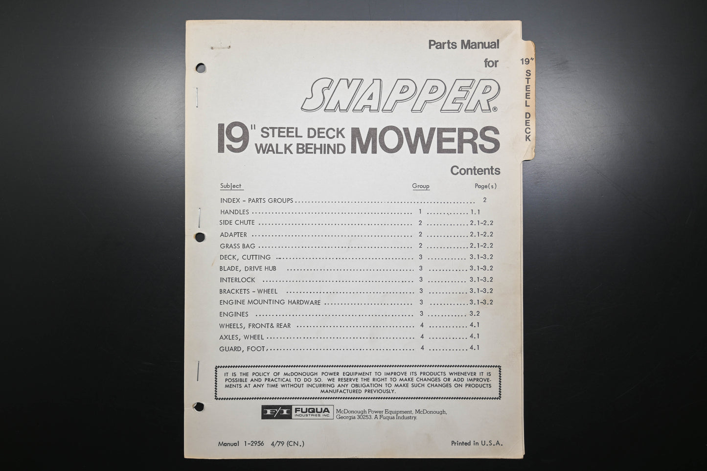 Snapper 1-2956 19" Walk Behind Mower Parts Manual