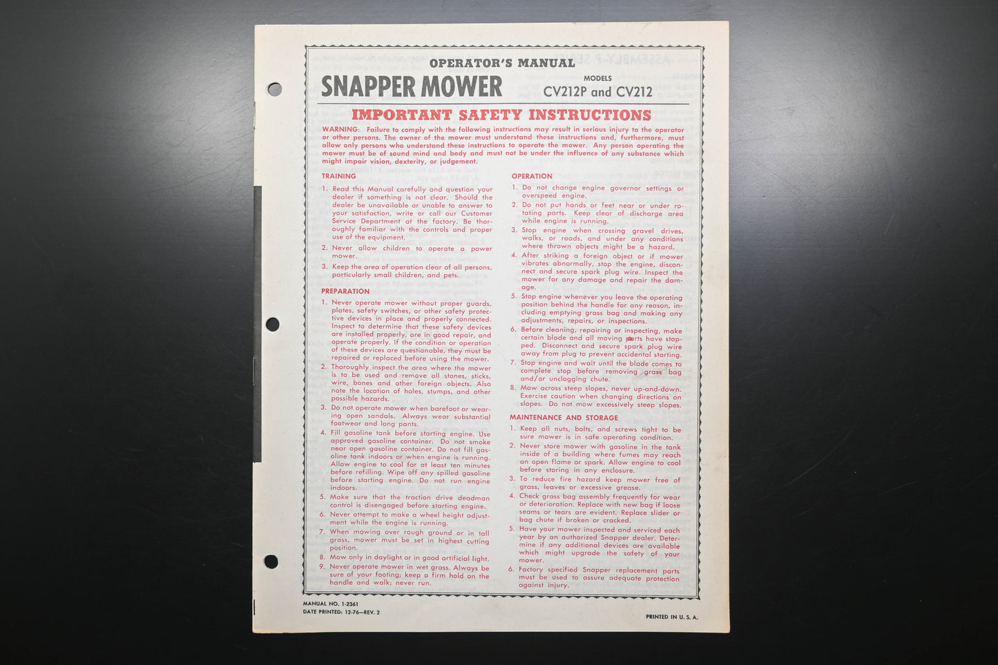 Snapper 1-2361 CV212P & CV212 Lawn Mower Operator's Manual