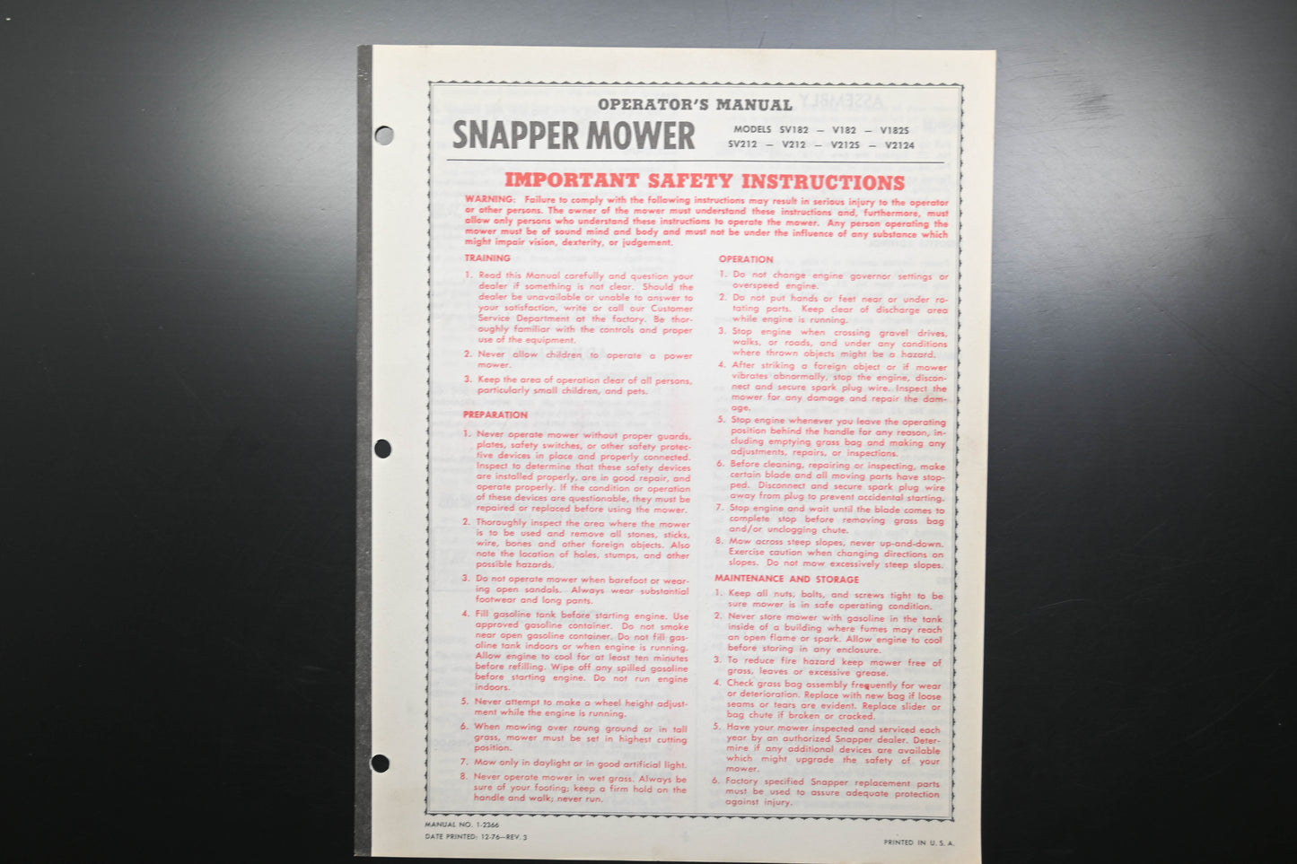 Snapper 1-2366 V182 V212 Series Lawn Mower Operator's Manual