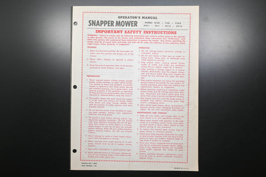Snapper 1-2229 V181 V211 Series Lawn Mower Operator's Manual
