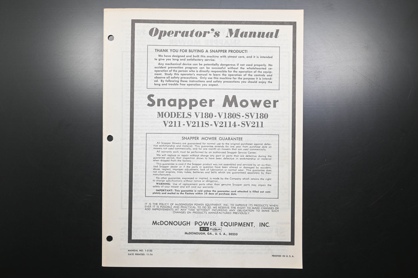 Snapper 1-2152 V180 V211 Series Lawn Mower Operator's Manual