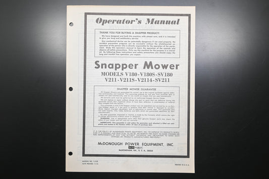 Snapper 1-2152 V180 V211 Series Lawn Mower Operator's Manual