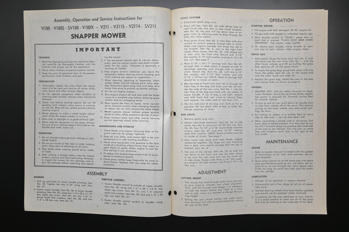 Snapper 1-2152 V180 V211 Series Lawn Mower Operator's Manual