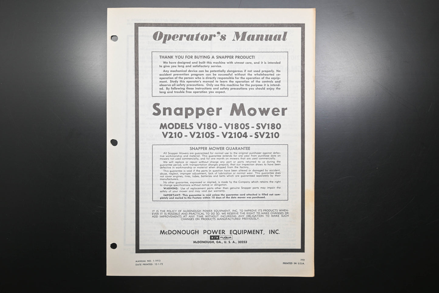 Snapper 1-1913 V180 V210 Series Lawn Mower Operator's Manual