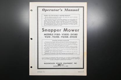 Snapper 1-1913 V180 V210 Series Lawn Mower Operator's Manual