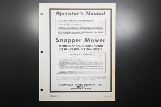 Snapper 1-1913 V180 V210 Series Lawn Mower Operator's Manual