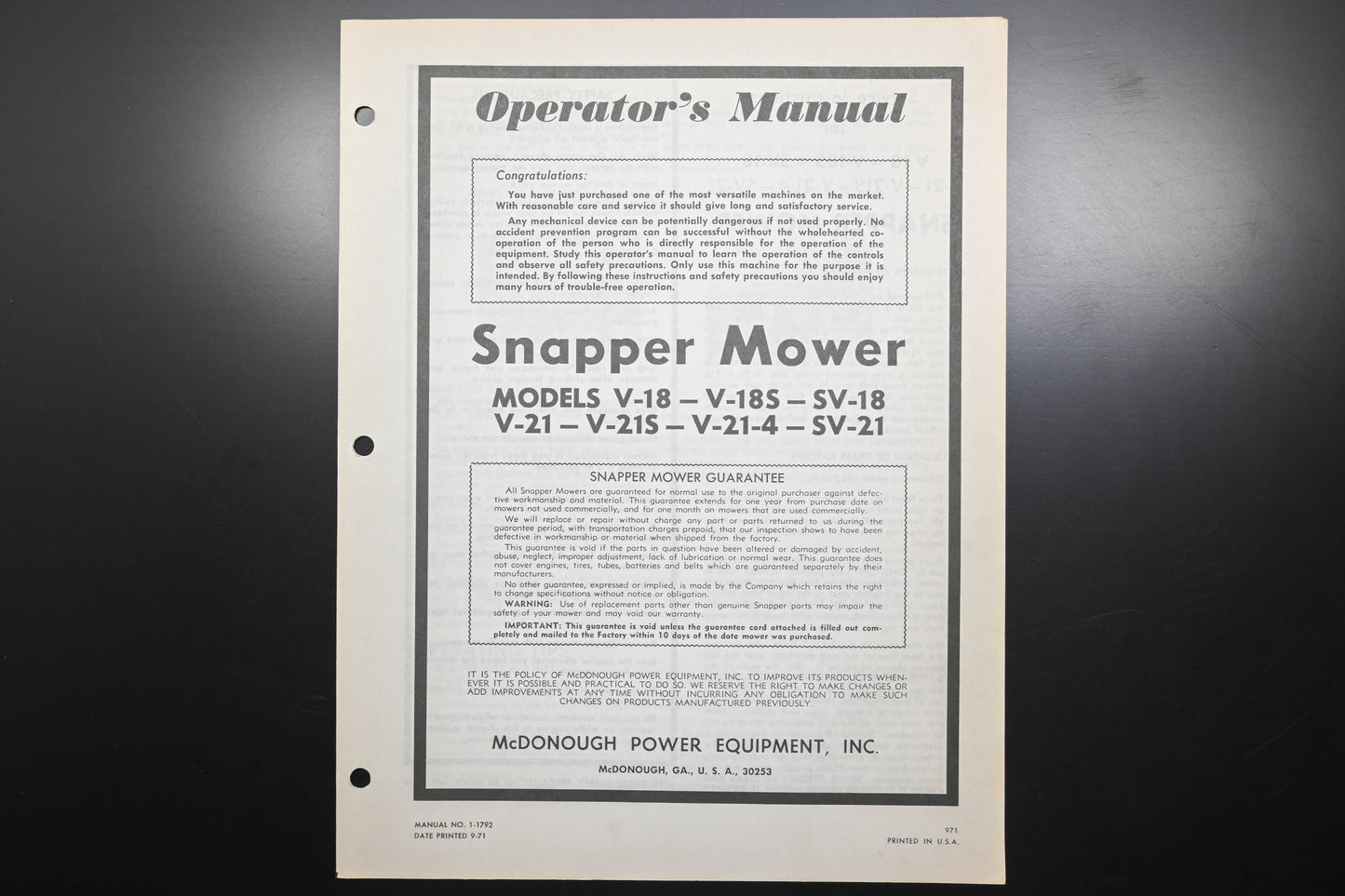 Snapper 1-1792 V-18 V-21 Series Lawn Mower Operator's Manual