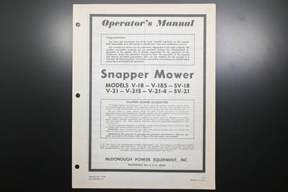 Snapper 1-1792 V-18 V-21 Series Lawn Mower Operator's Manual