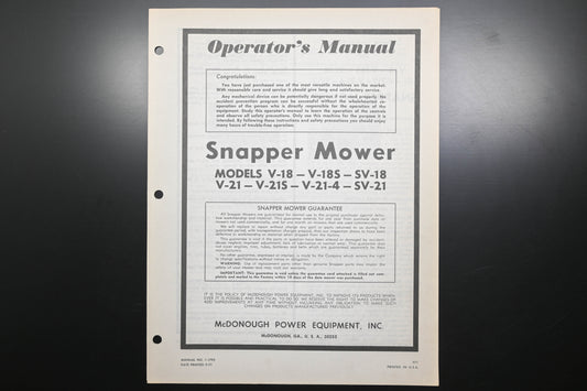Snapper 1-1792 V-18 V-21 Series Lawn Mower Operator's Manual