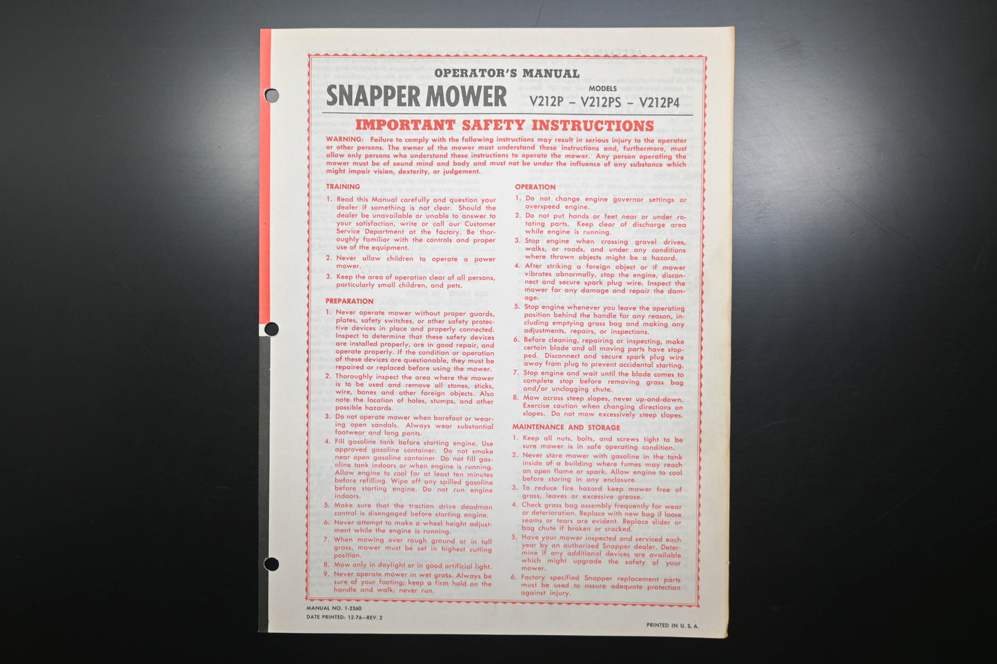 Snapper 1-2360 V212 Series Lawn Mower Operator's Manual
