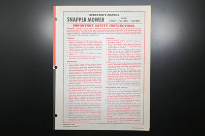 Snapper 1-2360 V212 Series Lawn Mower Operator's Manual