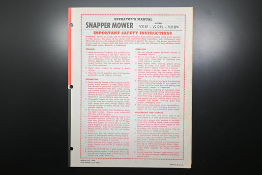Snapper 1-2360 V212 Series Lawn Mower Operator's Manual
