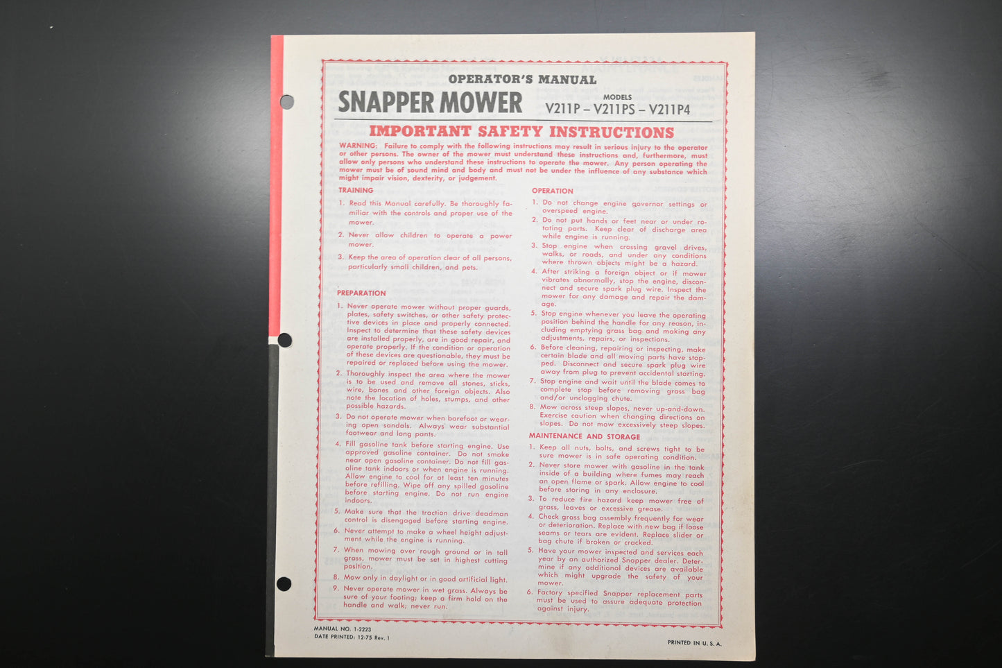 Snapper 1-2223 V211P Lawn Mower Operator's Manual
