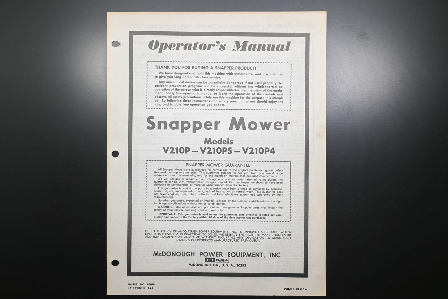 Snapper 1-2090 V210 Series Lawn Mower Operator's Manual