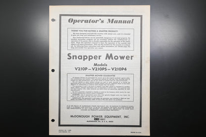Snapper 1-2090 V210 Series Lawn Mower Operator's Manual