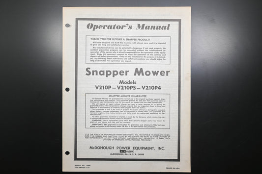Snapper 1-2090 V210 Series Lawn Mower Operator's Manual