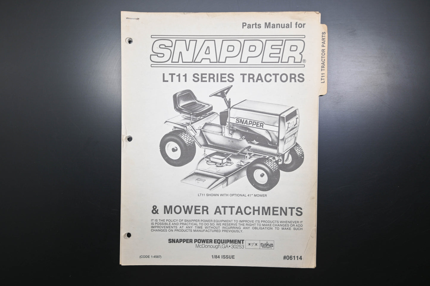 Snapper 06114, 6114 LT11 Tractor & Attachments Parts Manual