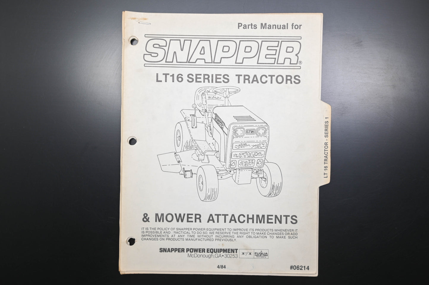 Snapper 06214, 6214 LT16 Tractor & Attachments Parts Manual