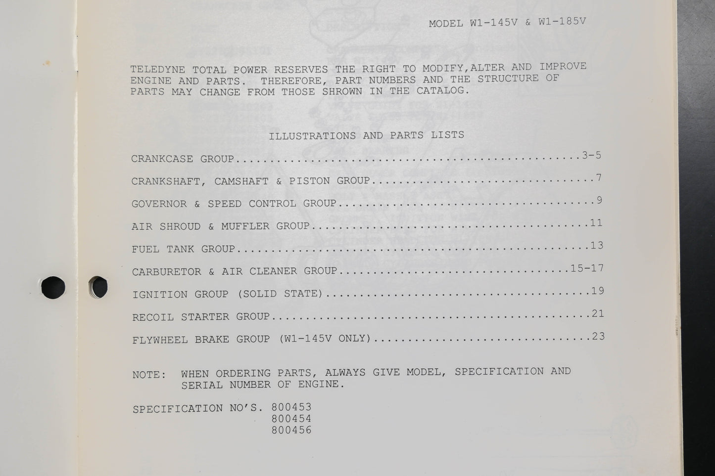 Teledyne Total Power TTP 30083, TTP-30083, TTP30083 Wisconsin Robin W1-185V W1-145V Parts Catalog
