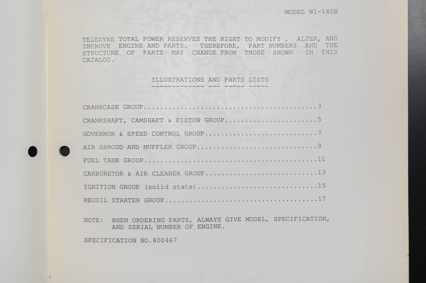 Teledyne Total Power TTP 30082, TTP-30082, TTP30082 Wisconsin Robin W1-145B Parts Catalog