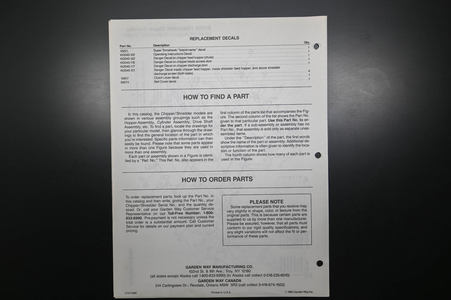 Troy Bilt CT571085 85 Super Tomahawk Shredder Chipper Parts Catalog
