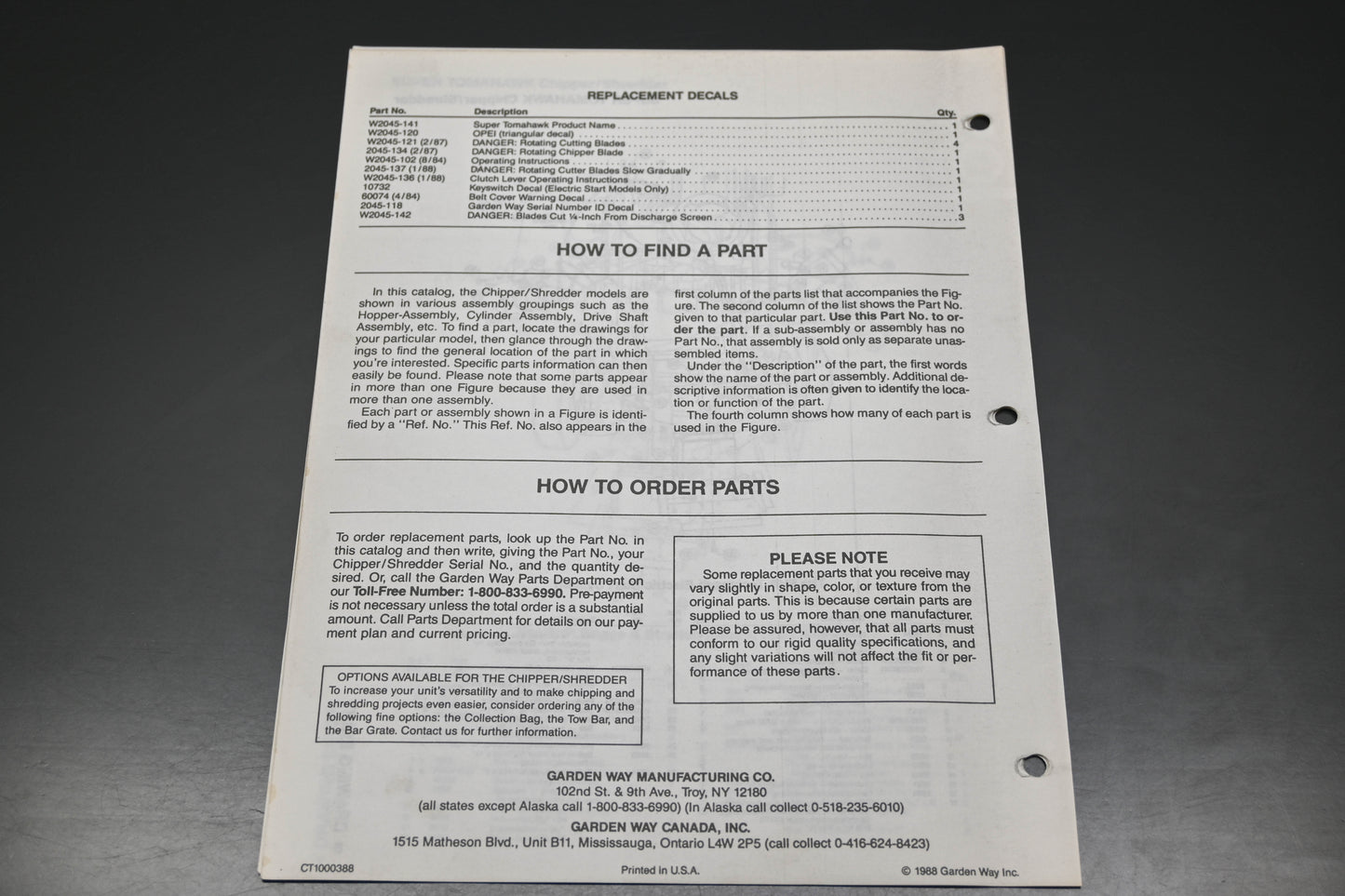 Troy Bilt CT1000388 88 Super Tomahawk Chipper Shredder Parts Catalog
