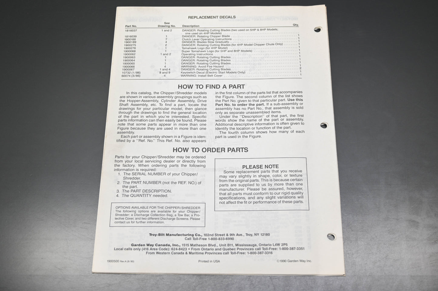 Troy Bilt 1900500 90 Tomahawk Chipper Shredder Parts Catalog
