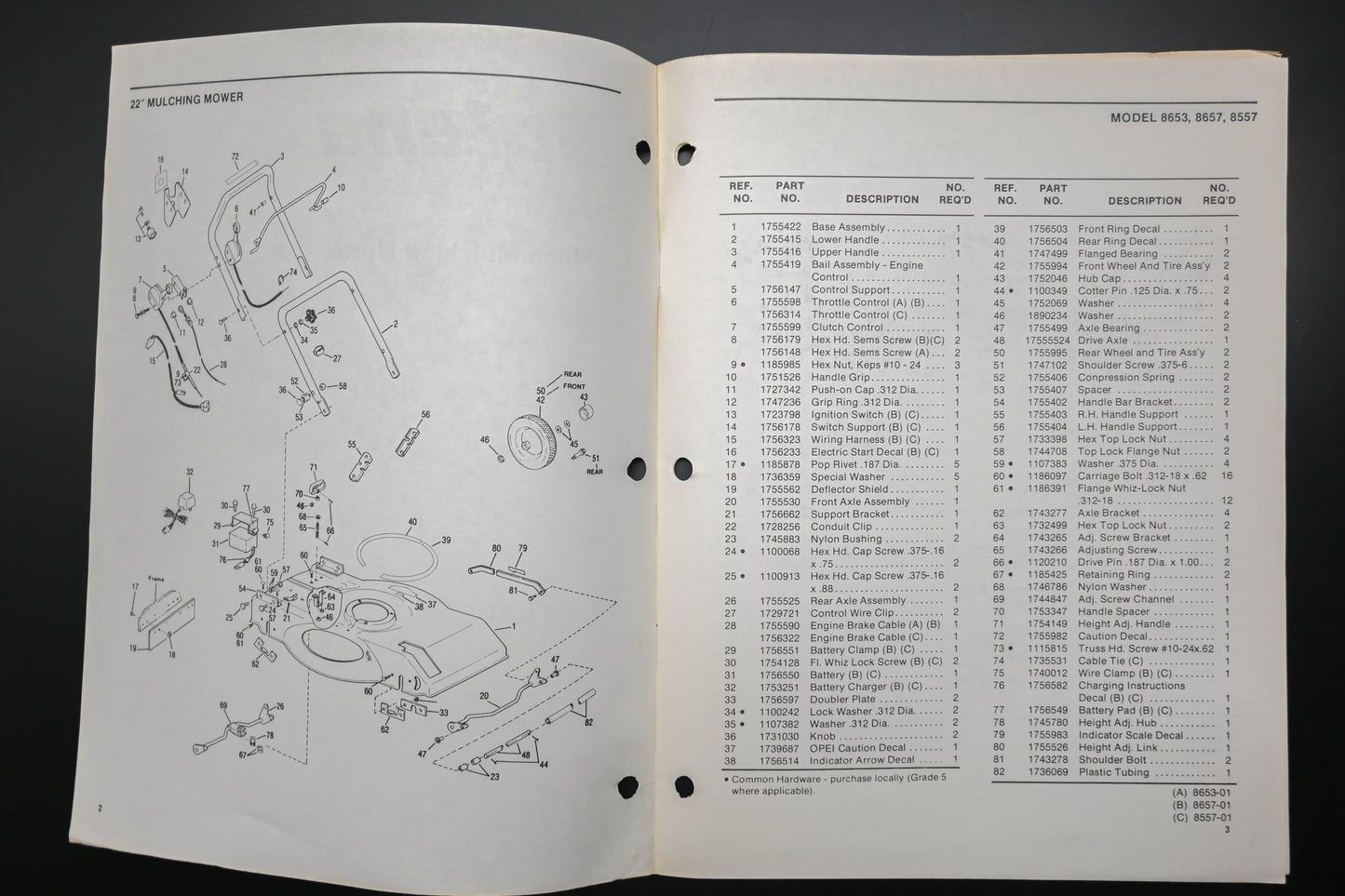 Bolens 4340 22" Mower Models 8653 8657 8557 Parts List